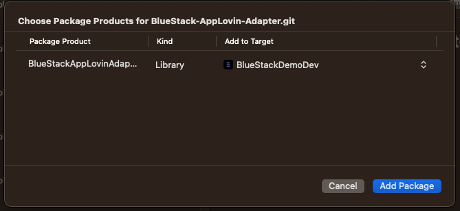 Add BlueStackAppLovinAdapter to target
