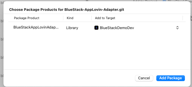 Add BlueStackAppLovinAdapter to target