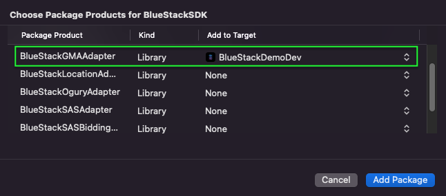 BlueStackSDK mediation adapter list
