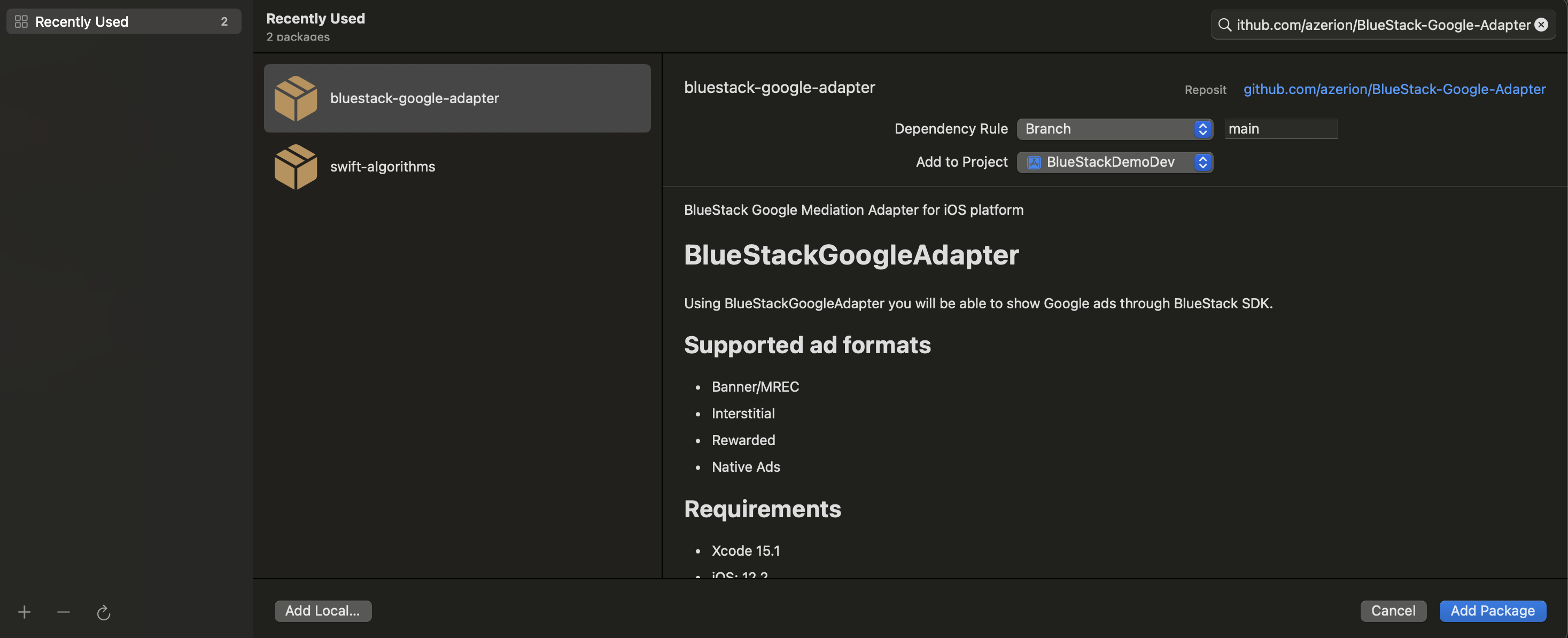 BlueStackGoogleAdapter Swift Package Search