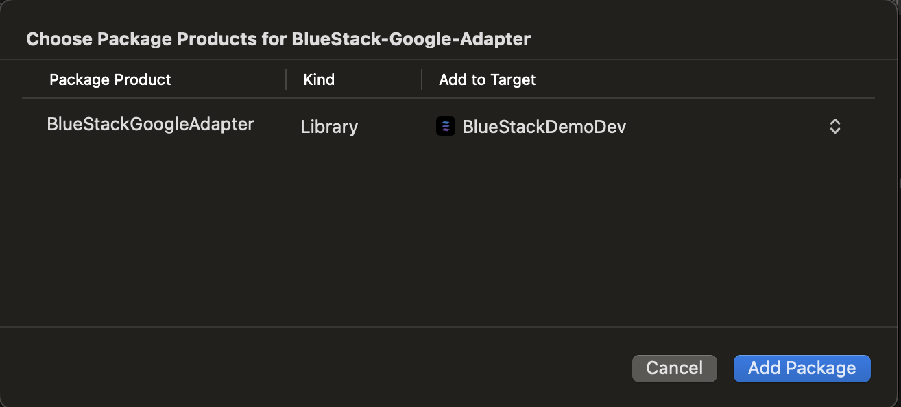 Add BlueStackGoogleAdapter to target