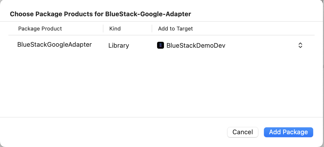 Add BlueStackGoogleAdapter to target